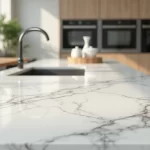 Bancada de mármore Carrara branco com veios cinza em cozinha moderna bem iluminada