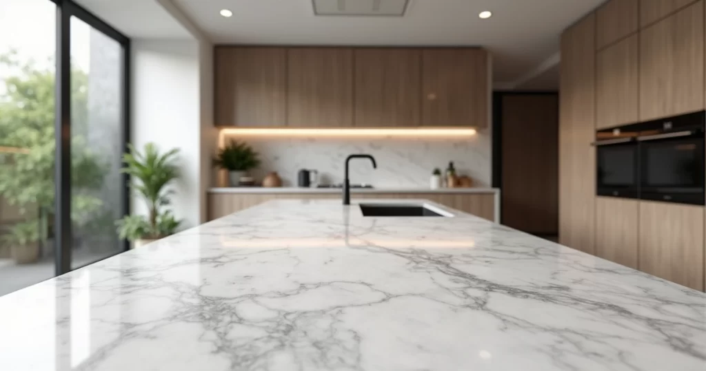 Bancada de cozinha em mármore Branco Paraná com acabamento polido, em ambiente moderno e iluminado