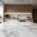 Bancada de cozinha em mármore Branco Paraná com acabamento polido, em ambiente moderno e iluminado