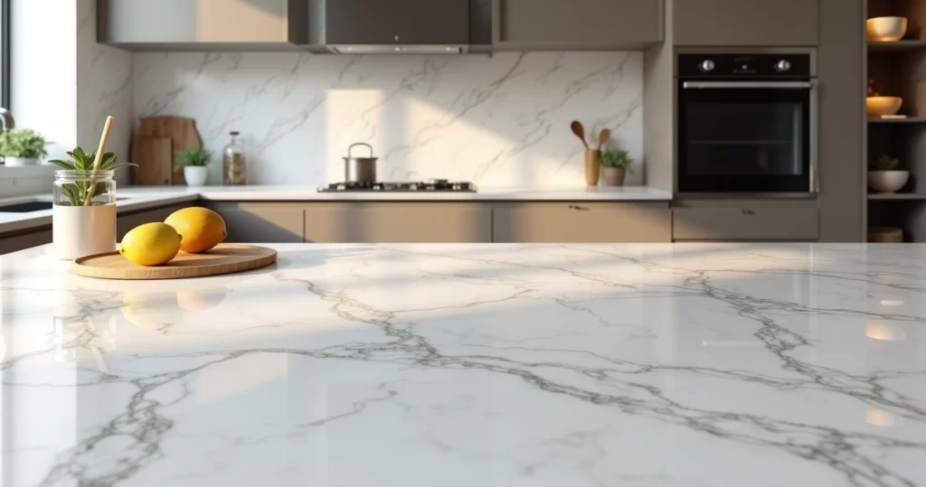 Bancada de mármore branco dolomítico com itens de cozinha modernos sobre superfície limpa