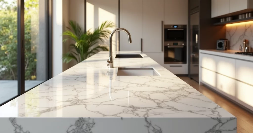 Bancada de mármore Taj Mahal em cozinha moderna com iluminação natural