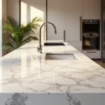 Bancada de mármore Taj Mahal em cozinha moderna com iluminação natural