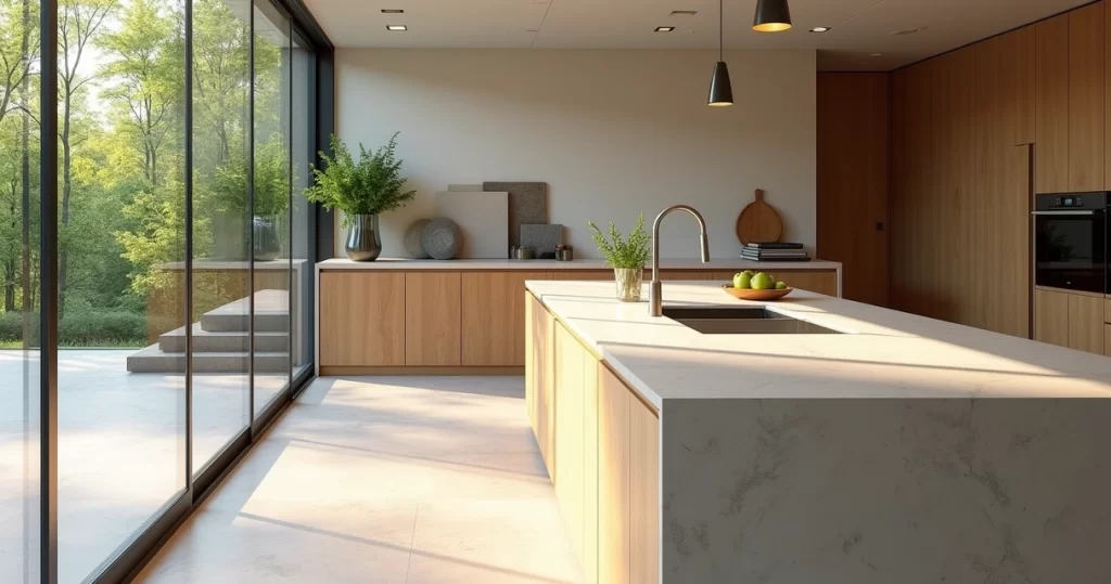 Bancada de cozinha moderna com pedras sustentáveis e muita iluminação natural