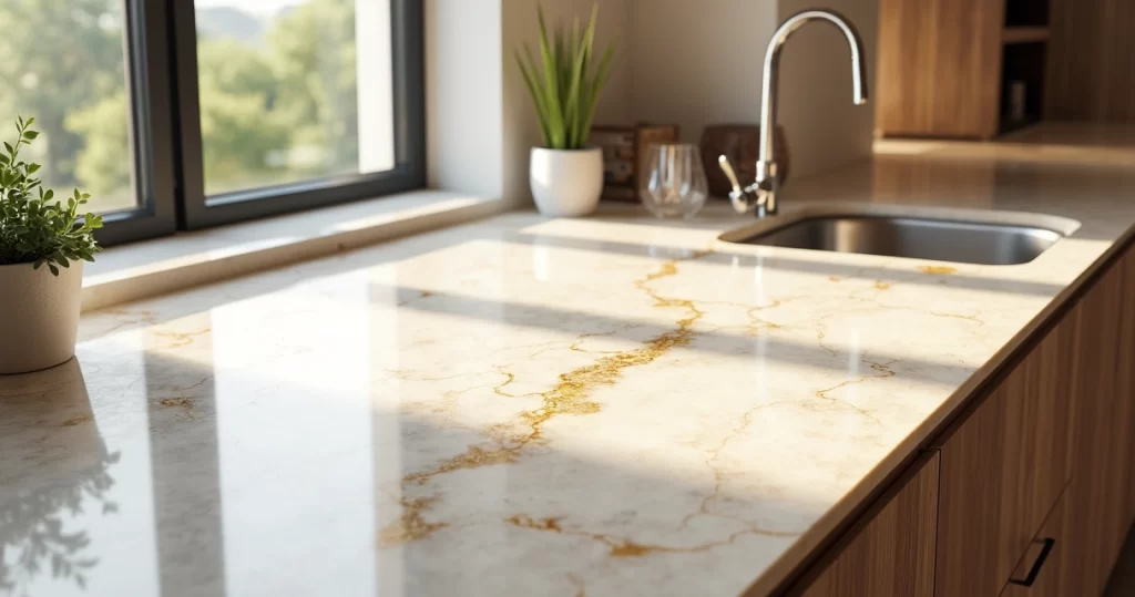 Bancada de cozinha com quartzito Taj Mahal, veios dourados sutis em superfície sofisticada