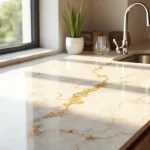 Bancada de cozinha com quartzito Taj Mahal, veios dourados sutis em superfície sofisticada