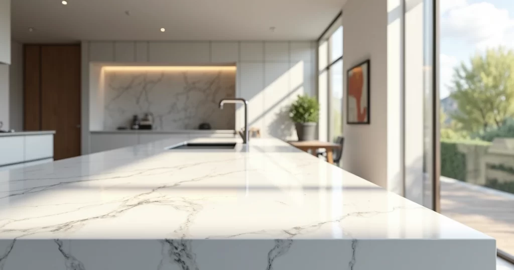 Bancada de quartzo branco com acabamento polido em cozinha moderna com luz natural