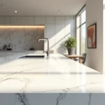 Bancada de quartzo branco com acabamento polido em cozinha moderna com luz natural