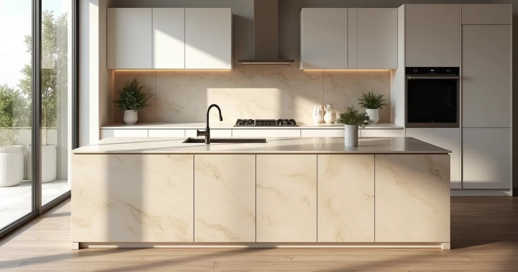 Bancada de travertino romano em cozinha moderna com acabamento polido e luz natural