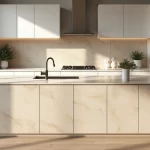 Bancada de travertino romano em cozinha moderna com acabamento polido e luz natural