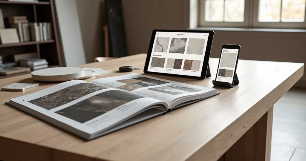 Mesa com catálogo físico de pedras aberto ao lado de tablet exibindo catálogo digital