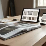 Mesa com catálogo físico de pedras aberto ao lado de tablet exibindo catálogo digital