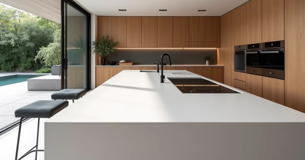 Cozinha residencial sofisticada com ilha de Corian branco e bancada integrada