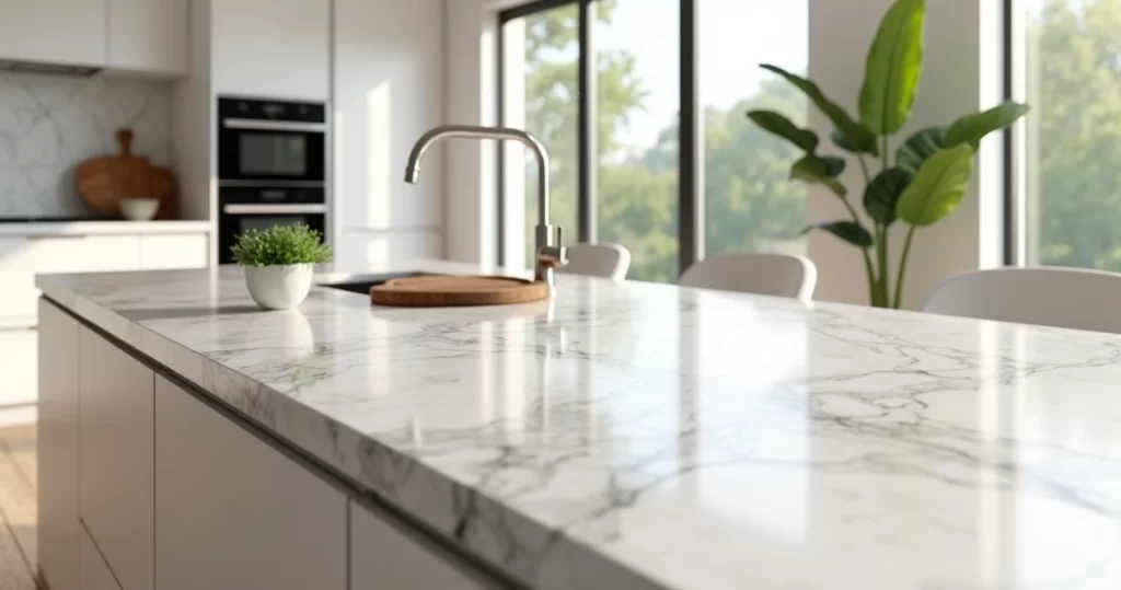 Cozinha moderna com bancada de mármore branco e decoração elegante