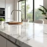 Cozinha moderna com bancada de mármore branco e decoração elegante