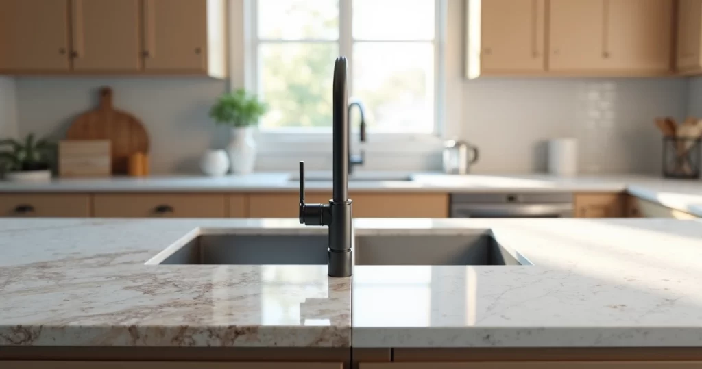 Comparação entre bancada de cozinha com pedra manchada e outra impecável lado a lado