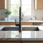 Comparação entre bancada de cozinha com pedra manchada e outra impecável lado a lado