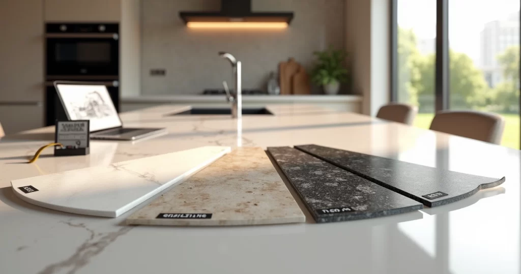 Bancada de cozinha com diferentes amostras de pedras naturais e industriais lado a lado