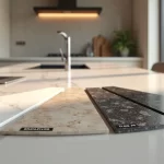 Bancada de cozinha com diferentes amostras de pedras naturais e industriais lado a lado