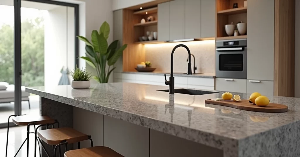 Cozinha moderna com ampla bancada de granito cinza ao centro