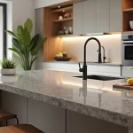 Cozinha moderna com ampla bancada de granito cinza ao centro