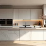 Bancada de quartzito clara em cozinha moderna com ilha central