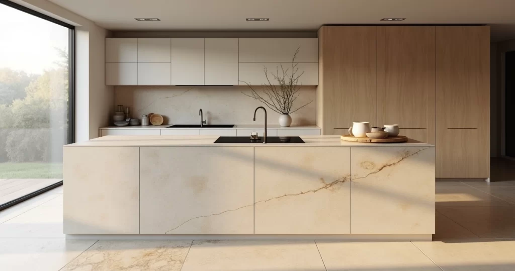 Bancada de travertino bege em cozinha moderna iluminada