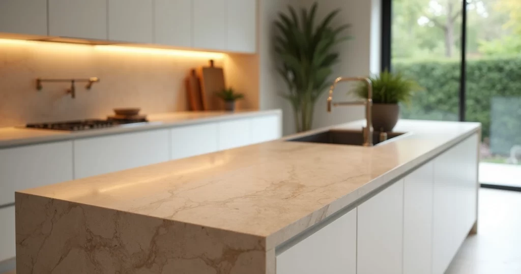 Bancada de travertino bege em cozinha moderna iluminada