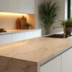 Bancada de travertino bege em cozinha moderna iluminada