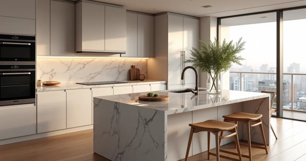 Cozinha moderna com bancada de mármore clara em destaque vista em perspectiva