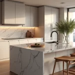 Cozinha moderna com bancada de mármore clara em destaque vista em perspectiva
