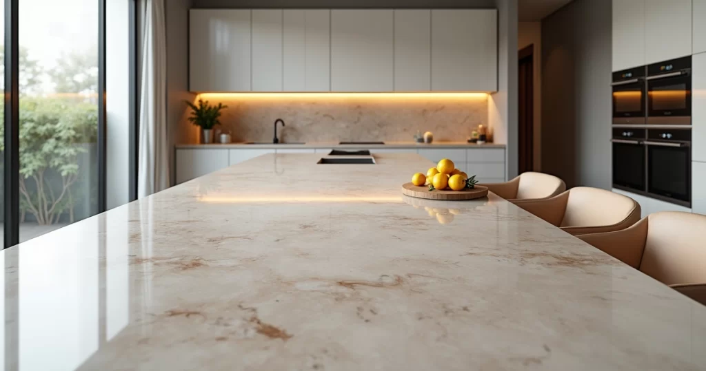Cozinha moderna com bancada de mármore clara em destaque vista de cima