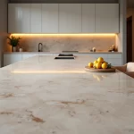 Cozinha moderna com bancada de mármore clara em destaque vista de cima