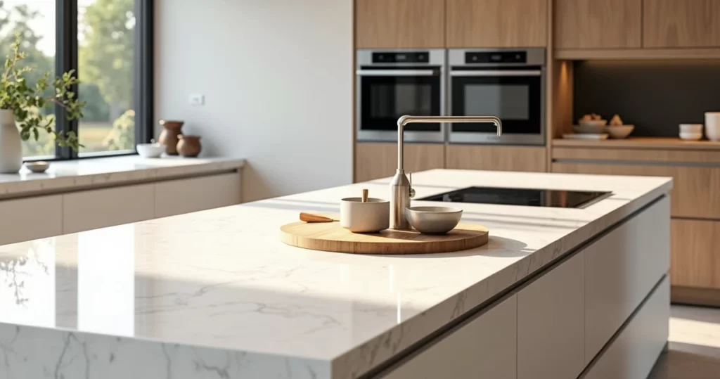 Cozinha moderna com bancada de quartzo super branco em destaque