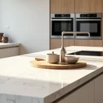 Cozinha moderna com bancada de quartzo super branco em destaque
