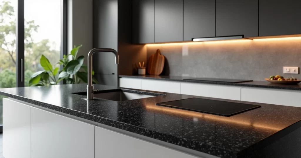 Bancada de granito preto São Gabriel em cozinha moderna com armários claros