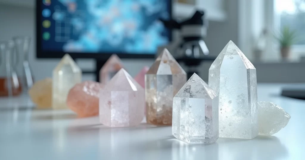 Cristais de quartzo transparente sobre bancada de laboratório