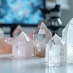 Cristais de quartzo transparente sobre bancada de laboratório