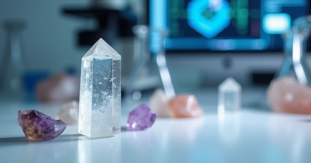 Cristais de quartzo transparente em bancada de laboratório com luz azul