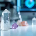 Cristais de quartzo transparente em bancada de laboratório com luz azul